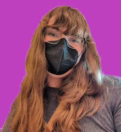 Picture of a dirty blonde woman with glasses. She is wearing a black mask and a gray shirt