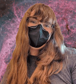 Picture of a dirty blonde woman with glasses. She is wearing a black mask and a gray shirt